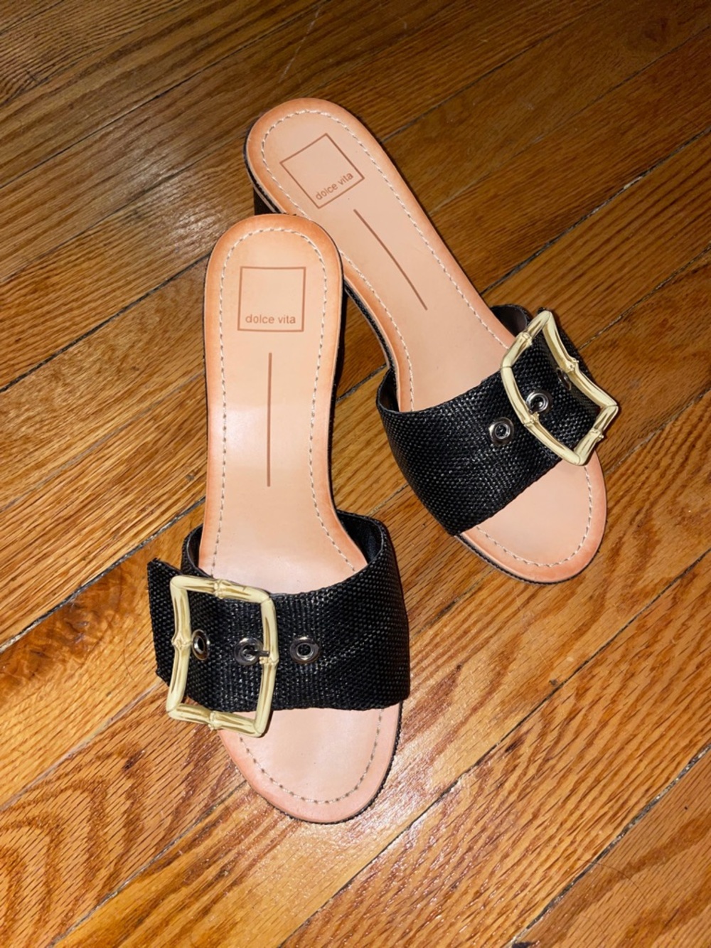 Dolce Vita Black Slide Sandals with Gold Buckle